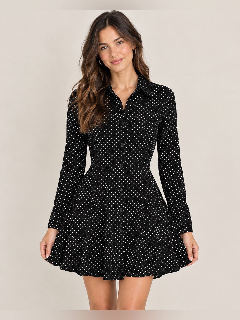 Chic me Black Polka Dot Mini Skater Shirt Dress